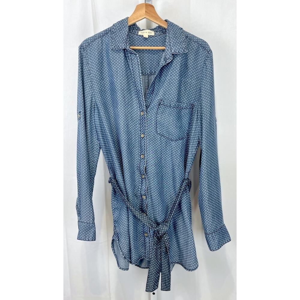 CLOTH & STONE Geometric Print Button Down Tunic Top Belted Tencel Denim Blue L - Picture 10 of 10